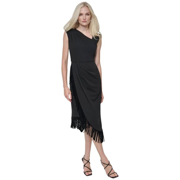 NWT DKNY Sleeveless Asymmetrical Fringe-Hem Cocktail Dress ED4JCE52 Black 8